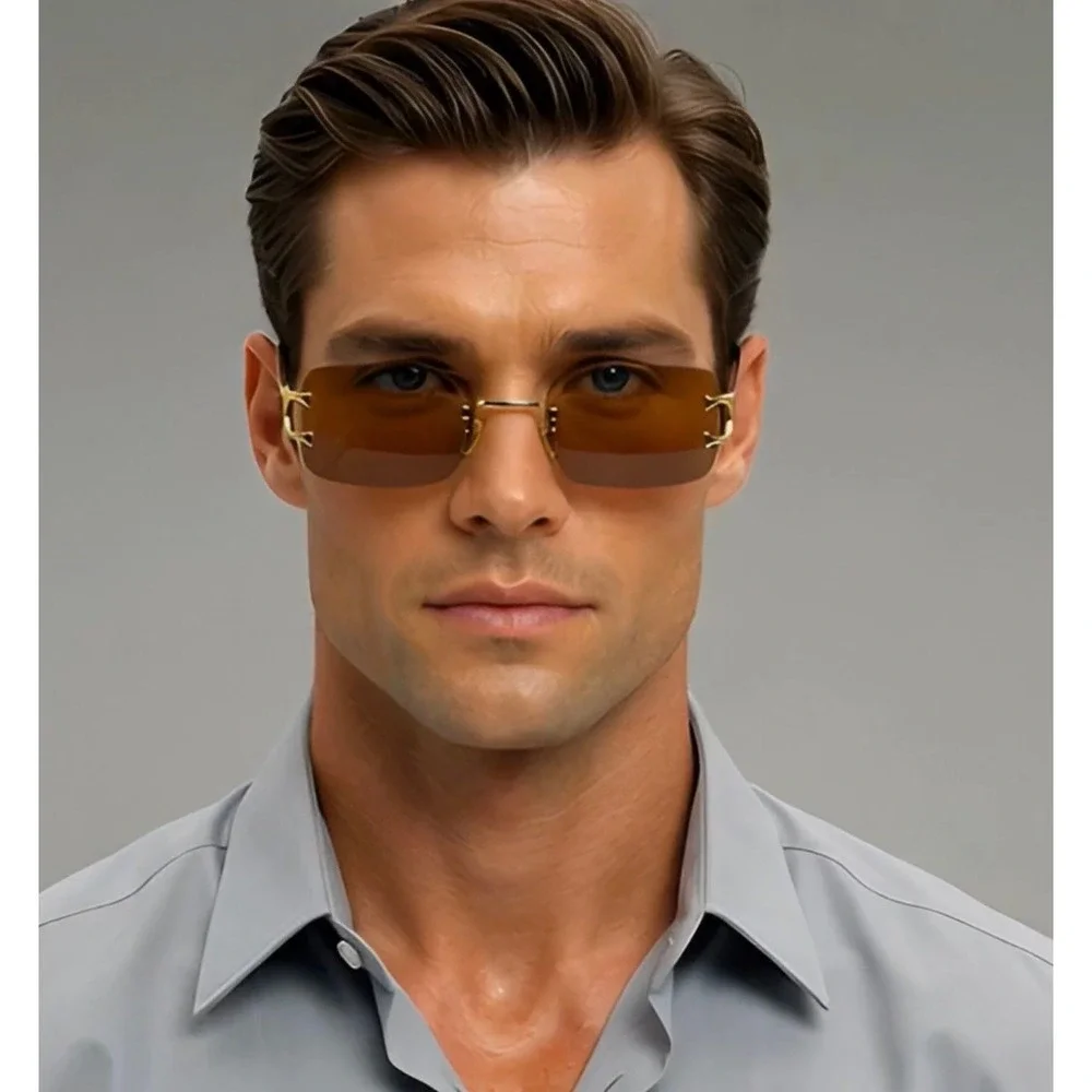 Men Sunglasses Dark Brown Lens Gold Accents Rectangle Frame Men's Fashion Trendy